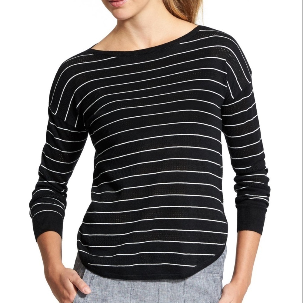 Athleta Mix It Up black open weave sweater white stripe Woman’s Size XS